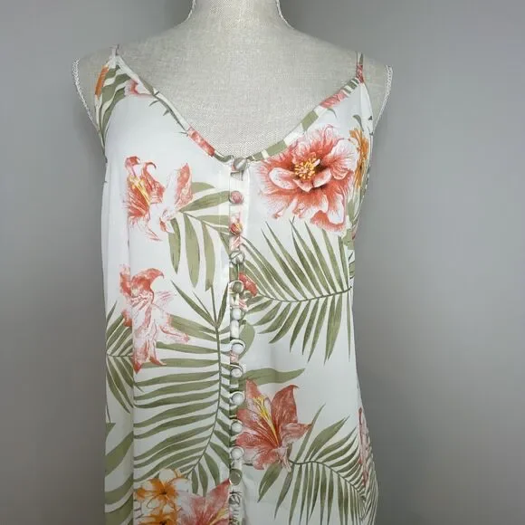 Vestique Floral Full Button Thigh Slit V Neck Maxi Dress Tropical Boho Womens L - Picture 5 of 10